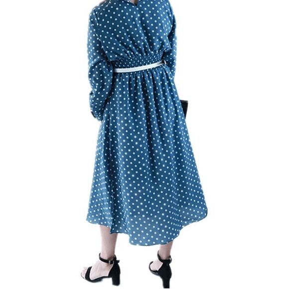 💙 NWT Modest Retro Vintage Polka Dot Long Sleeve Blue Midi Dress SIZE L - Picture 3 of 16